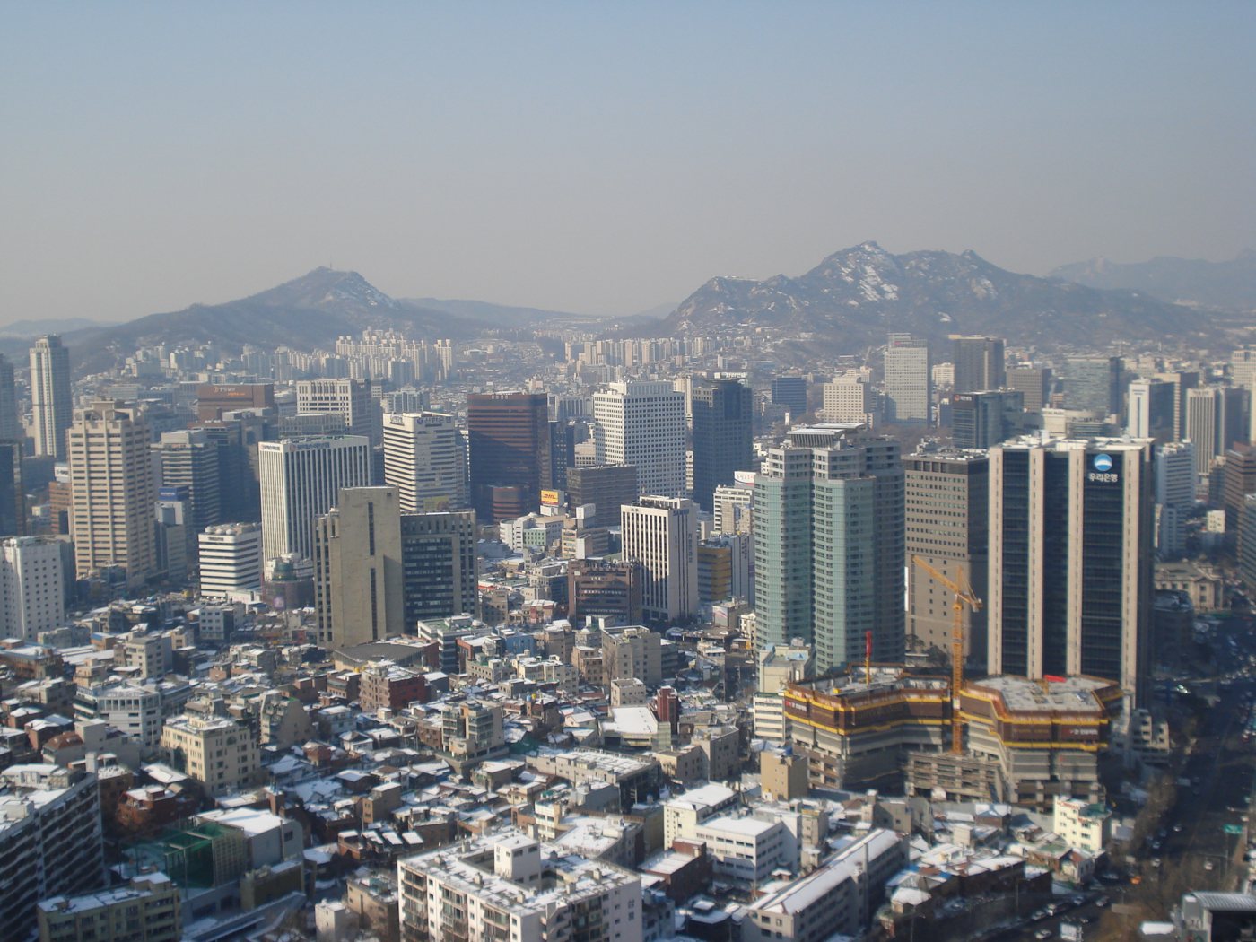 The view of central Seoul and the mountains from N Seoul Tower